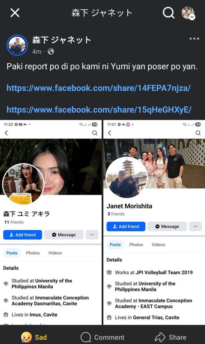 FanbACEs_ph's tweet image. Hey Aces — Kindly report these accounts pretending to be Aki’s mom and sister.

How to report:

Facebook
Go to the fake or poser profile.
Tap the three dots (•••) under their cover photo.
Select Find support or report profile.
Choose Pretending to be someone.

Link 1:…