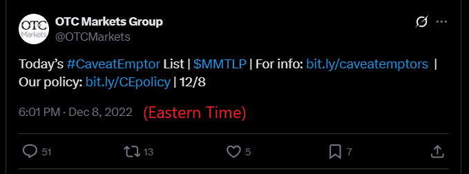 MetaGuyMarduk's tweet image. #MMTLPFIASCO Day 960
Never forget they only designated caveat emptor on $MMTLP 2 hours and 1 minute after the market closed, on what would be the last day MMTLP traded. How does that even make sense?

This alone crushes the narrative that it would not trade after the 8th.

Add