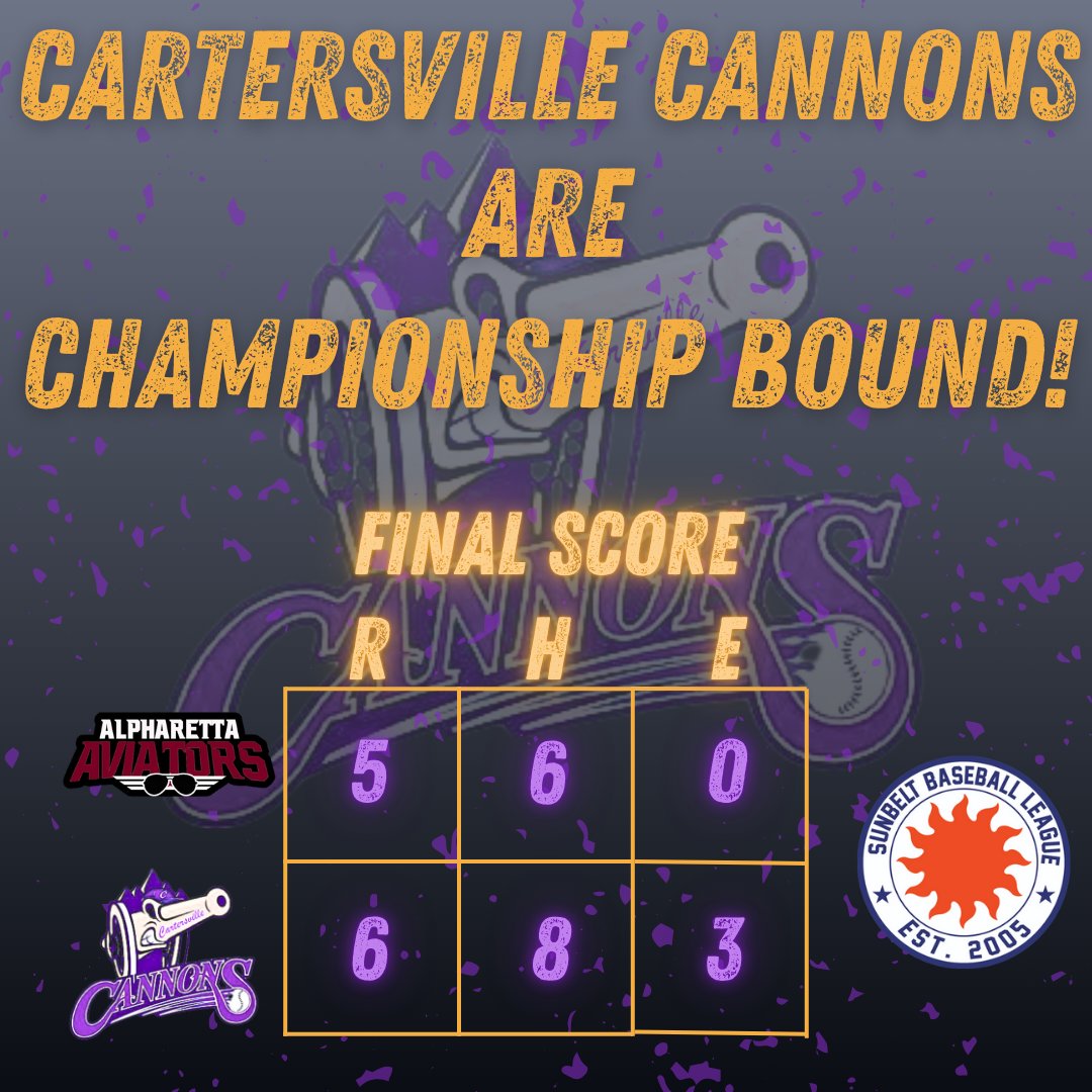 Cartersvil62046's tweet image. THE CARTERSVILLE CANNONS ARE CHAMPIONSHIP BOUND! With a score of 6-5 the Cannons have punched their ticket to the Sunbelt League Championship in just their second season in the league! GO CANNONS!
