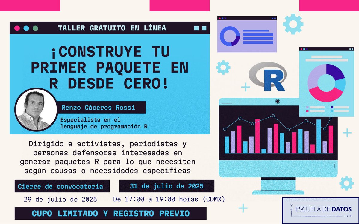 #LATAM |

👩🏾‍💻📦🔢 ¿Quieres crear tu propio paquete en #R según tus causas?

😊🫰📊 Junto a @SocialTIC, te invitamos a…

❤️‍🔥📊 ¡Un taller imperdible, impartido con muchísimooo #datalove por <a href="/ARenzoCaceresR/">Renzo Cáceres Rossi</a>! 📊❤️‍🔥

📋 ¡Inscríbete YA! (CUPO LIMITADO) ➡️ bit.ly/T4LL3RL4T4M