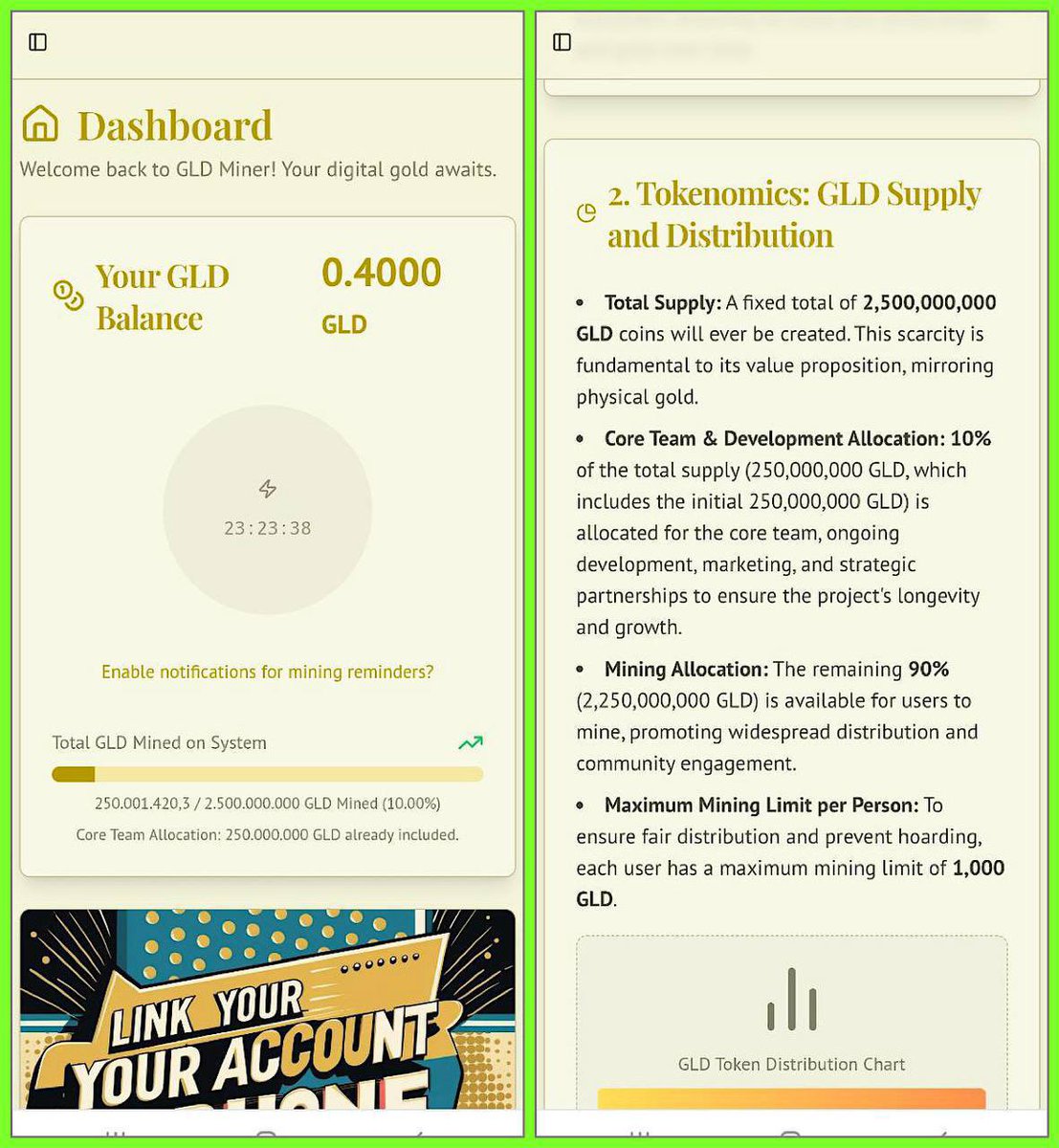 🎉🎉 #GLD Miner- Launched 07/09/2025 
✅Total supply: 2.5 B $GLD
✅Mining: 90% 
✅White paper, roadmap clearly
✅Check in: 24h.
✅Mining speed: 0.4 $GLD/Day

Referral code: GLDT48CLZFN

🚀Registration link: …gld-revolution.us-central1.hosted.app

Join TG group to update: t.me/+krwW-Gj0xVhkM…