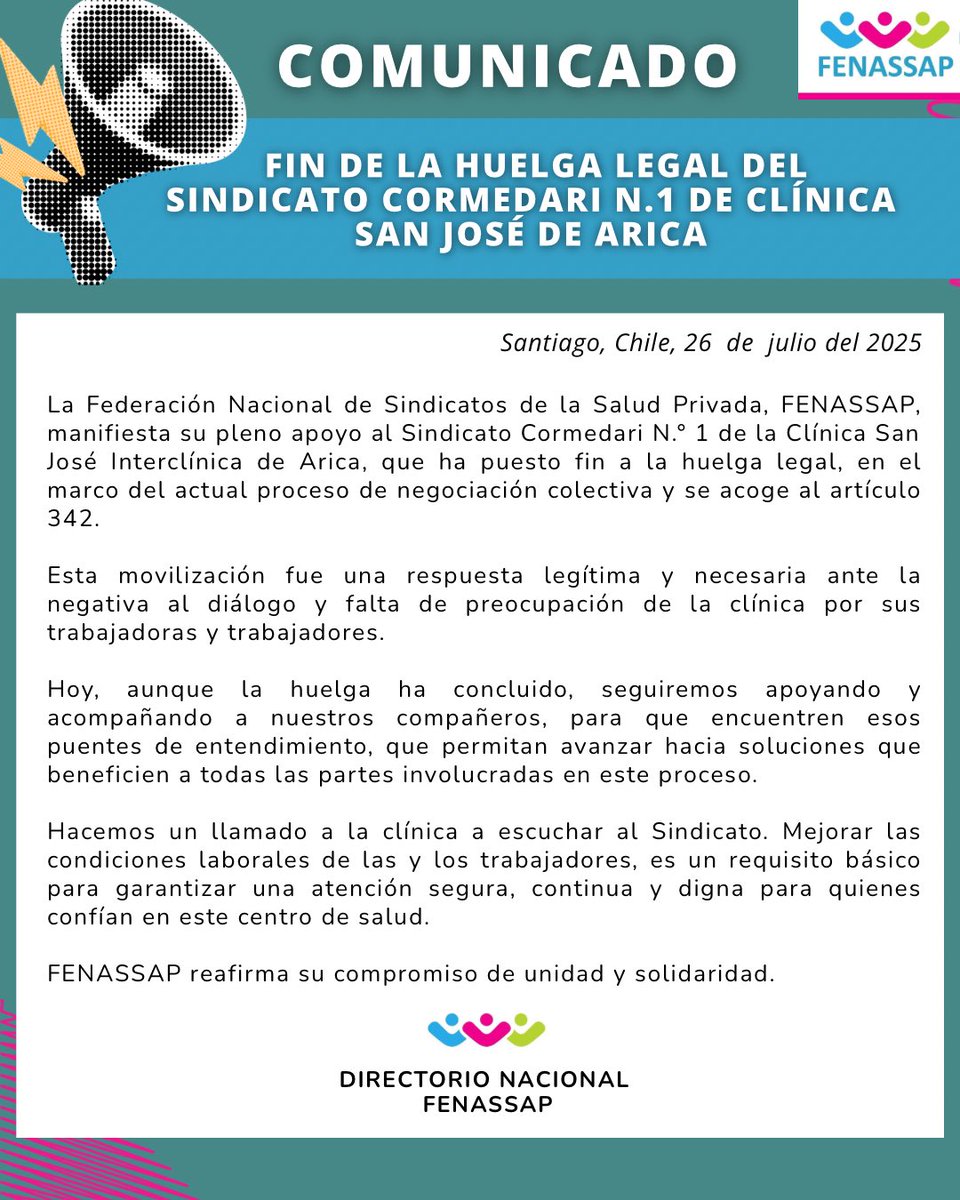🚨📣👉Compartimos comunicado 📑 con motivo del término de la huelga legal de nuestros compañeros del Sindicato Cormedari N.1 de Clínica San José Interclínica de Arica.
‼️Fuerza Sindicato
#SaludPrivadaUnida