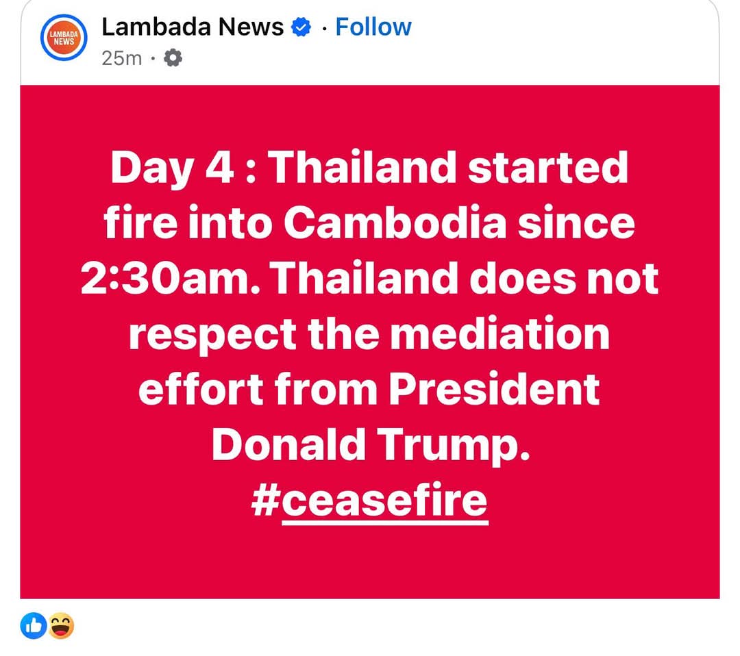 taeda65's tweet photo. Thailand has not honored its ceasefire agreement, but so far the Thai military has continued to fire. #ThailandOpenedTheWar https://t.co/GLxs4xa9jD