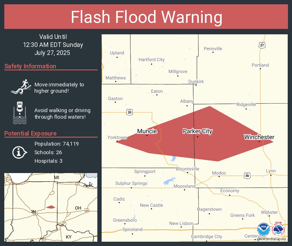 NWSIndianapolis's tweet image. Flash Flood Warning including Muncie IN, Winchester IN and Parker City IN until 12:30 AM EDT