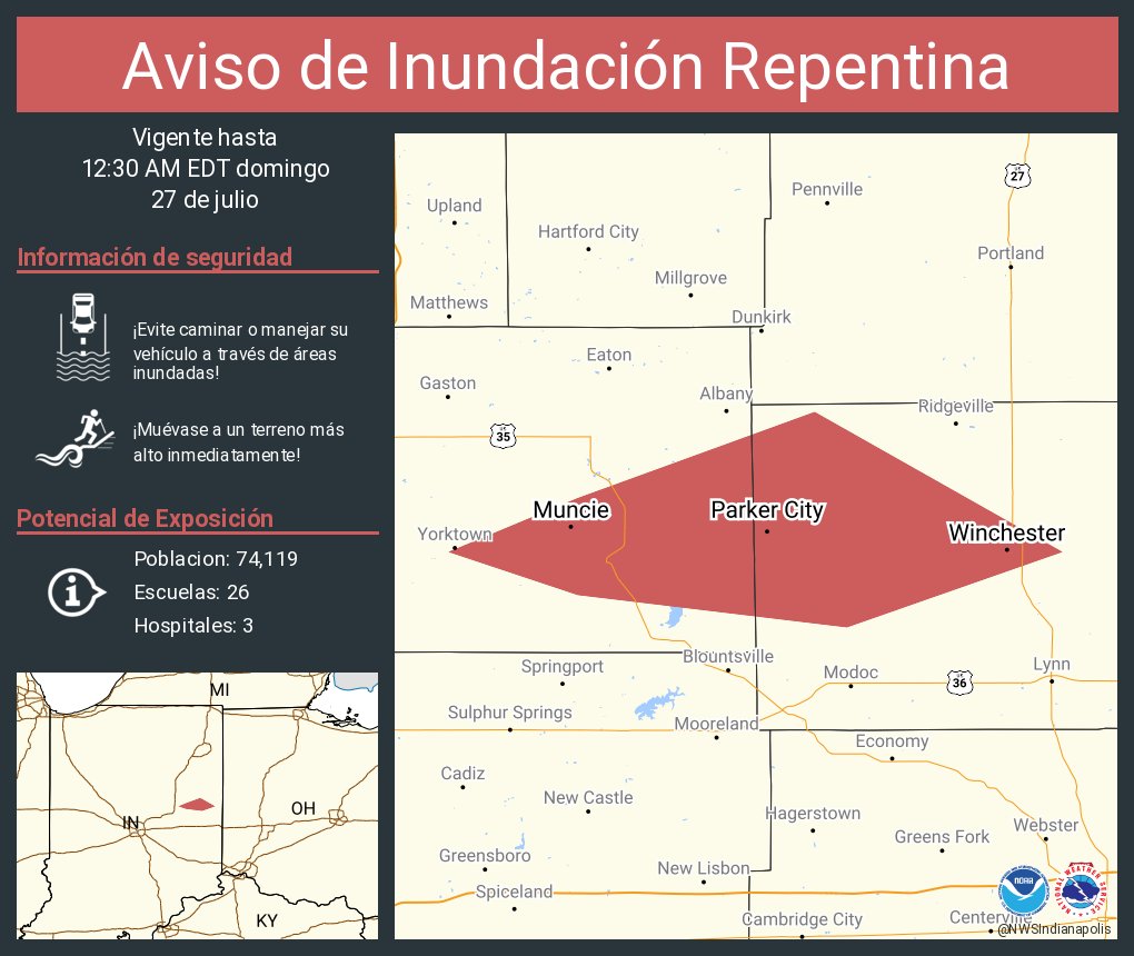 NWSIndianapolis's tweet image. Aviso de Inundación Repentina incluye Muncie IN, Winchester IN, Parker City IN hasta las 12:30 AM EDT