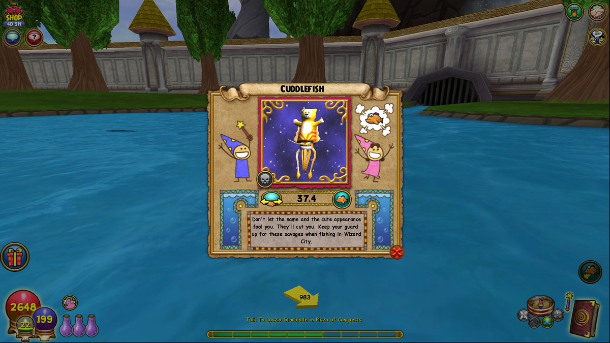 awizard_from_oz's tweet image. While the Deathcuda moves Dead-Slow, Cuddlefish is near motionless.
Cast Winnow Death and sit back and watch to see which fish doesn't advance forward.
Cyclops Lane #Wizard101
