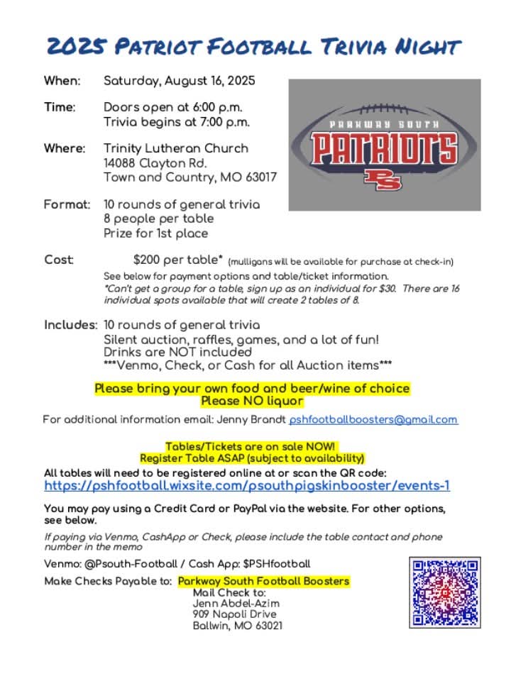 Family, friends, current &amp; Patriot alumni, the South Patriot Trivia is coming in August. Lots of fun, silent auction items, &amp; a great opportunity to show support for the boys.
Would love to see tables of family, friends, &amp; alumni getting together to make some great memories.