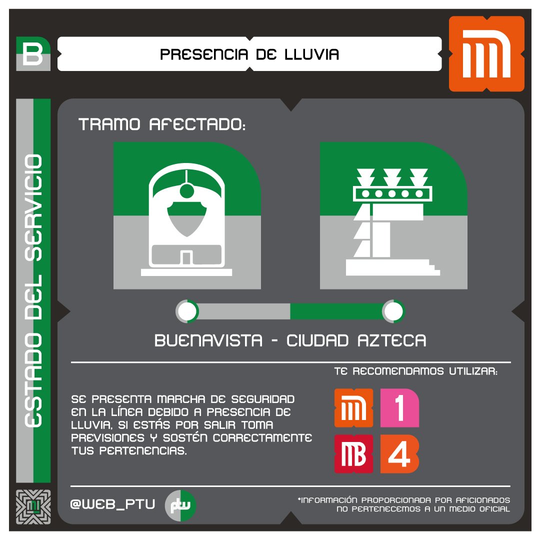 Web_PTU's tweet image. Aviso.
Se presenta avance lento por lluvia en Línea B del #MetroCDMX #MovilidadIntegrada #lluvia