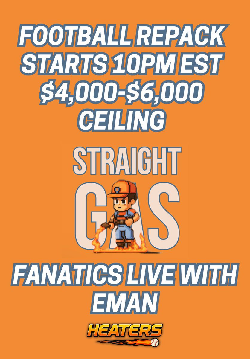 STRAIGHT GAS FOOTBALL REPACK BREAK STARTS IN 30 MINUTES! 🏈

 GIVEAWAYS ARE LIVE NOW! Hop in below 👇 

Don’t miss Filthbomb Breaks's stream on Fanatics Live! get.fanatics.live/X8WW/mcbteeb0