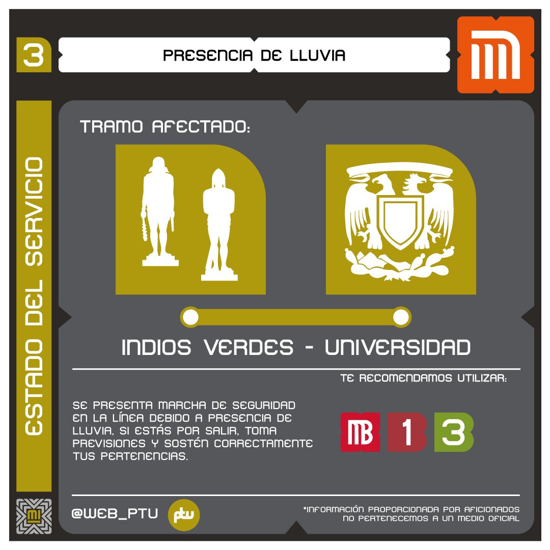Web_PTU's tweet image. Aviso.
Se presenta avance lento por lluvia en Línea 3 del #MetroCDMX #MovilidadIntegrada #lluvia
