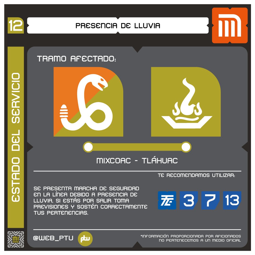 Web_PTU's tweet image. Aviso.
Se presenta avance lento por lluvia en Línea 12 del #MetroCDMX #MovilidadIntegrada #lluvia