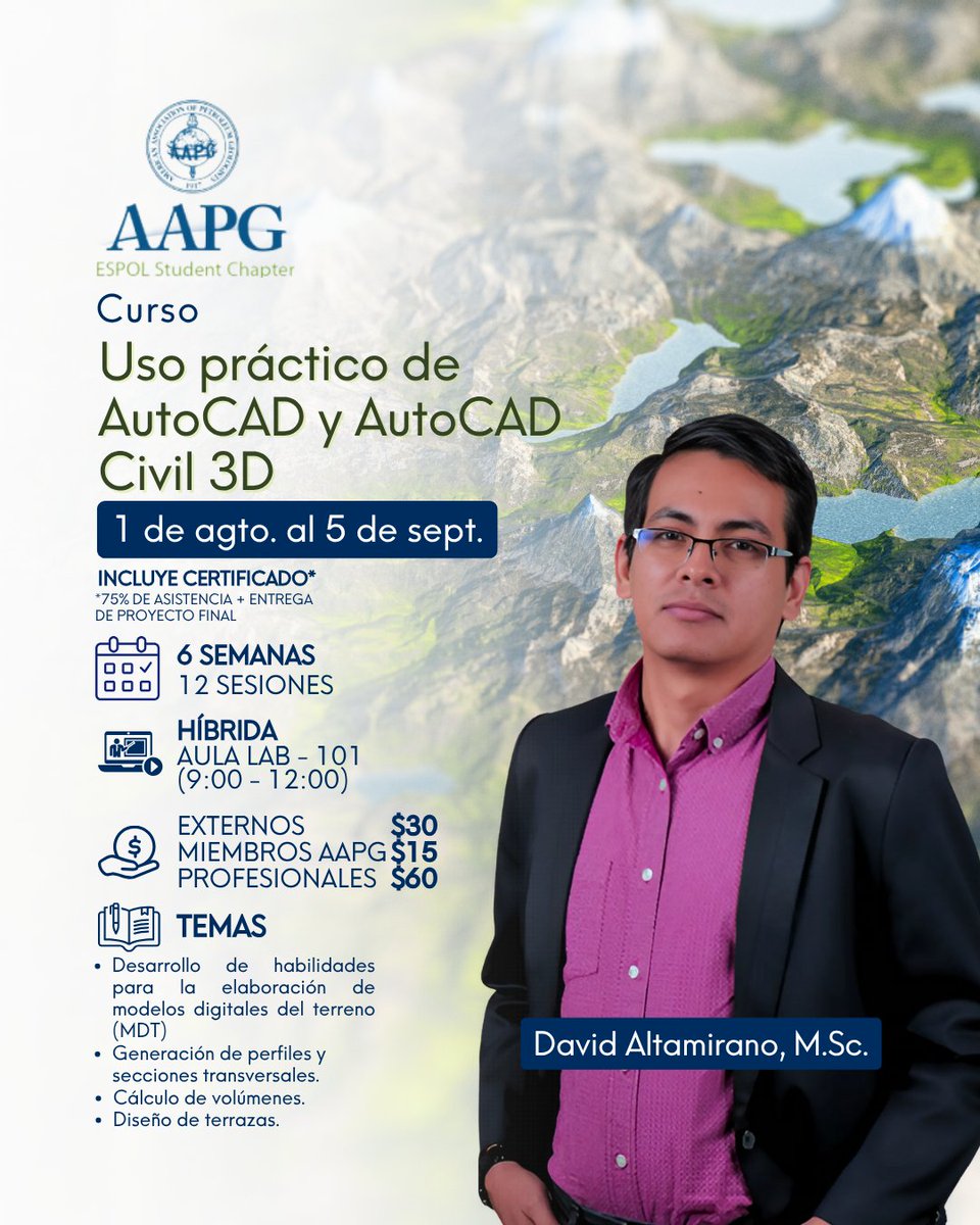 AAPGESPOL's tweet photo. ¡Inscribete al curso de modelado en AutoCAD aplicado a Geología, Geotecnia y Minería! 🌐🖥

🗓 Fecha: 4 de agosto al 6 de septiembre de 2025

Modalidad presencial/híbrida (Espol) : Cada
Horario: 9:00 - 12:00

Modalidad virtual (Vía Zoom) : Cada sábado
Horario: 8:00 - 11:00 https://t.co/Cyav9AsQCR