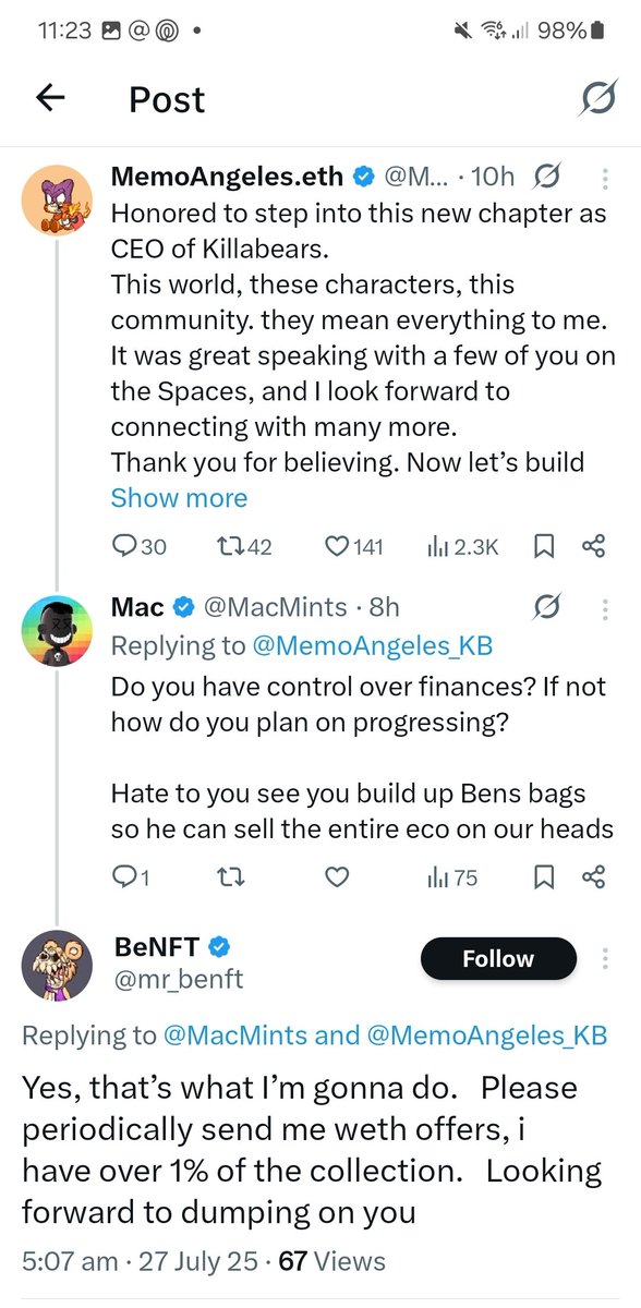 So <a href="/MemoAngeles_KB/">MemoAngeles.eth</a> 

You are going to get qustions like this over and over until the you are transparent. 

Also, if the old CEO is still going to hang around Web3 he will make your job even harder. 

First job, remove Ben's X. I know he's your 'friend' but the right move