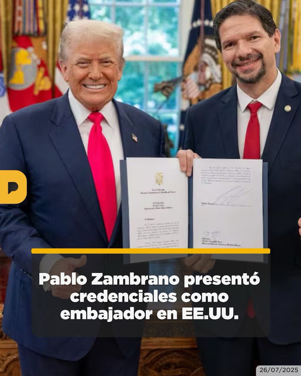 LaPosta_Ecu's tweet image. ¡Zambrano ya calienta el puesto gringo! 🇺🇸 Pablo Zambrano presentó sus credenciales como embajador de Ecuador en Estados Unidos ante el presidente Donald Trump. Fue designado en el cargo el 20 de marzo por el presidente Daniel Noboa y representará al país en Washington.
