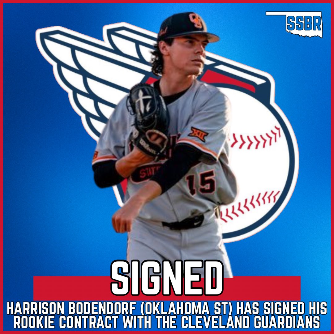 SoonerStateBSBL's tweet image. 饾檸饾檮饾檪饾檳饾檧饾樋
Harrison Bodendorf (Oklahoma State) has signed his rookie contract with the Cleveland Guardians
The slot value of his pick is $187,300
#SoonerStatePros | #GoPokes
