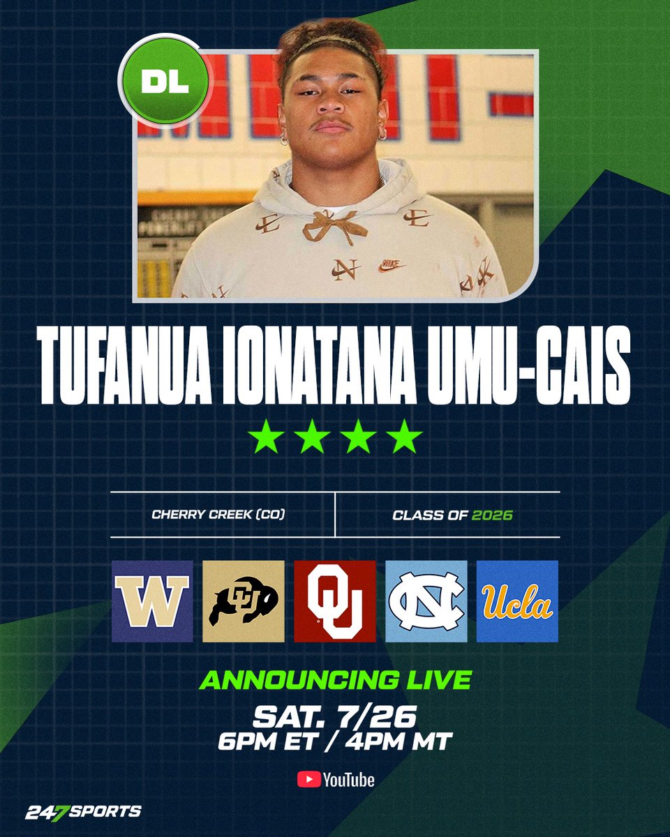 247Sports (@247sports) on Twitter photo BREAKING: 2026 DL T.I. Umu-Cais is announcing his commitment LIVE on <a href="/CBSSportsCFB/">CBS Sports College Football 🏈</a>🚨
Umu-Cais is the No. 40 overall ranked DL in the 2026 class. <a href="/umucais/">Tufanua Ionatana “TI” Umu~Cais</a> x <a href="/247recruiting/">247Sports Recruiting</a>
📺:youtube.com/watch?v=zyE1xx… BREAKING: 2026 DL T.I. Umu-Cais is announcing his commitment LIVE on <a href="/CBSSportsCFB/">CBS Sports College Football 🏈</a>🚨
Umu-Cais is the No. 40 overall ranked DL in the 2026 class. <a href="/umucais/">Tufanua Ionatana “TI” Umu~Cais</a> x <a href="/247recruiting/">247Sports Recruiting</a>
📺:youtube.com/watch?v=zyE1xx…
