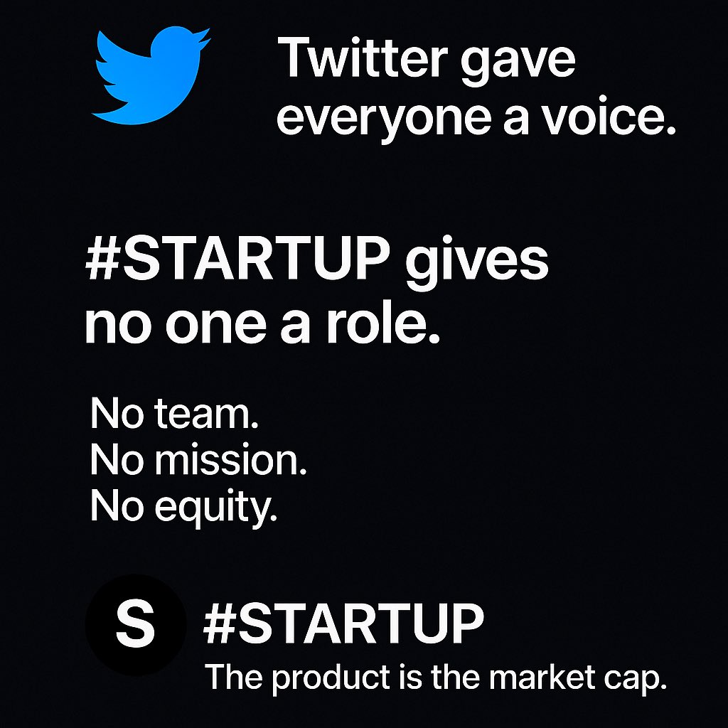 PeaceOnThee's tweet image. Twitter (now X):
Built over decades. Thousands of engineers. Rebrands. Acquisitions. A global town square—still chasing monetization.
#STARTUP:
One post. One meme.
Viral by design.
No app. No team. Just pure narrative capital.