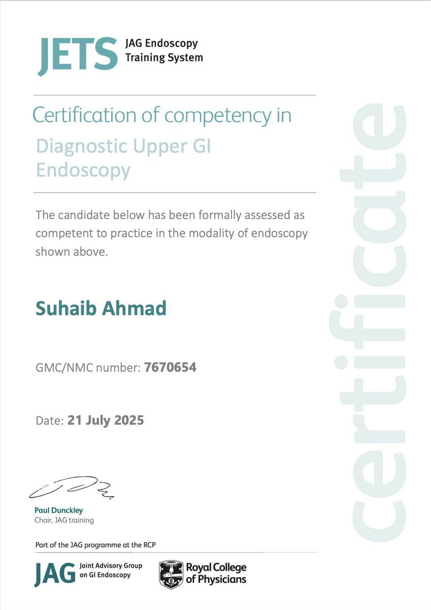Pleased to share that I’m now officially certified in Diagnostic Upper GI Endoscopy by JAG and the Royal College of Physicians.
#Endoscopy #Surgery #UpperGI #MedicalTraining #JAG #RCP