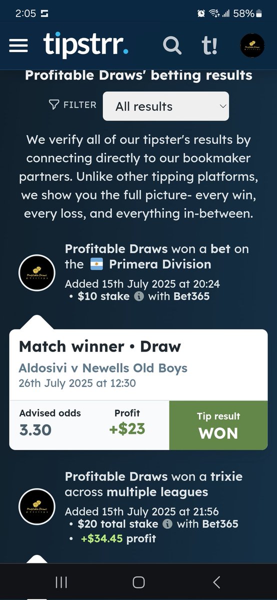 💰 WINNER! | Aldosivi vs Newell’s Old Boys (Draw) 🎯

Tipped at 3.30 a full 11 days before kickoff, this one closed at 2.90 — clear value spotted early, and the result delivered! ✅

📅 Match: 26th July 2025
📈 Odds moved from 3.30 → 2.90
🏆 Tip Result: WON
💸 Profit: +2.3u