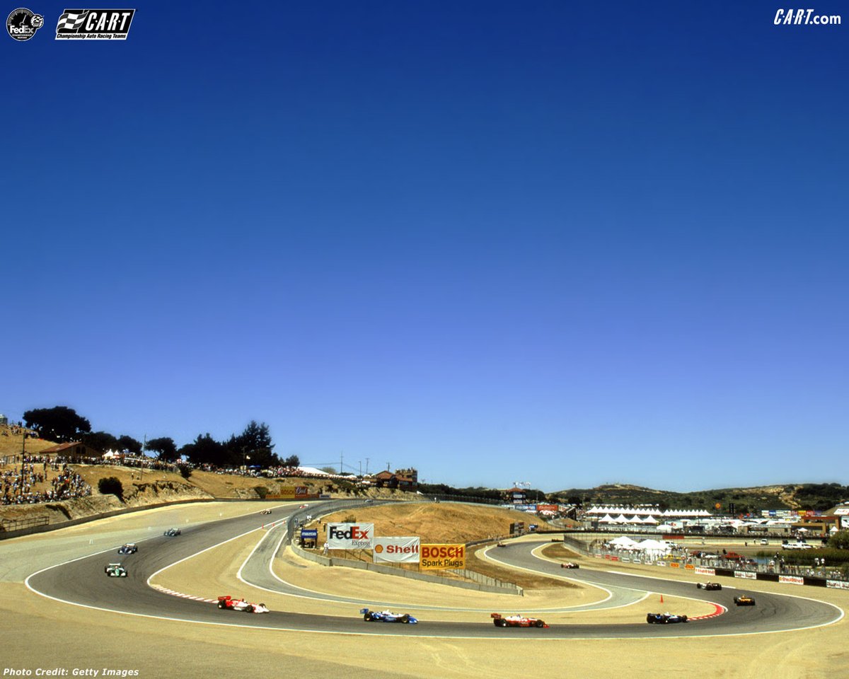 ChampCar4Ever's tweet image. A train of Champ Cars at the Andretti Hairpin during the 2002 Bridgestone Grand Prix of Monterey Featuring The Shell 300.
#Indycar