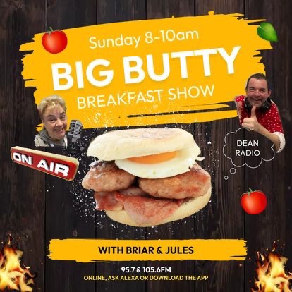 🍳🎙️ The Big Butty Breakfast Show is back!

Live Sunday 8–10am with Briar &amp; Jules 🎧
📺 Guess the TV theme
🗺️ Briar gets “lost” again in Where Am I?
🎵 Music (yes, his taste is still questionable)
🤣 Banter, butties &amp; belly laughs!
#BigButtyBreakfast #SundayStartsHere #DeanRadio