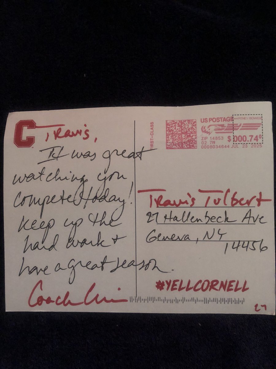 Thank you <a href="/BigRed_Football/">Cornell Football</a> <a href="/TerryUrsin/">Terry Ursin</a> for the mail. I really appreciate it and can’t wait to get down to Ithaca for a game this fall. #YellCornell