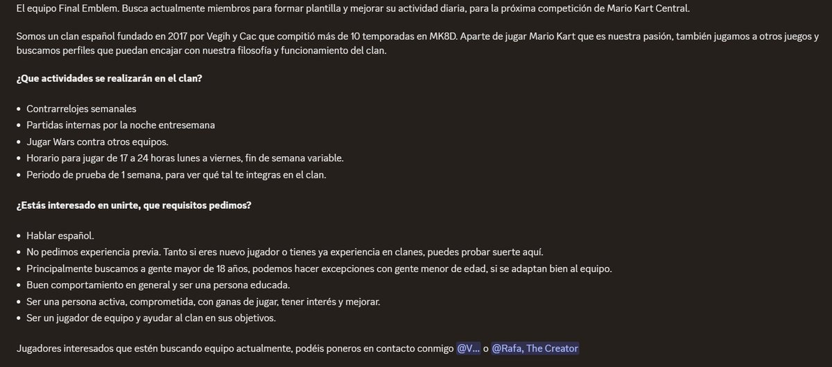 Buenas a todos. Estamos de vuelta por Twitter, tras un largo periodo de tiempo.

Actualmente estamos buscando miembros para preparar la siguiente temporada de la Mario Kart Central. ¿Estás interesado y cumples con los requisitos de la imagen? ¡Prueba con nosotros!

RT se agredece