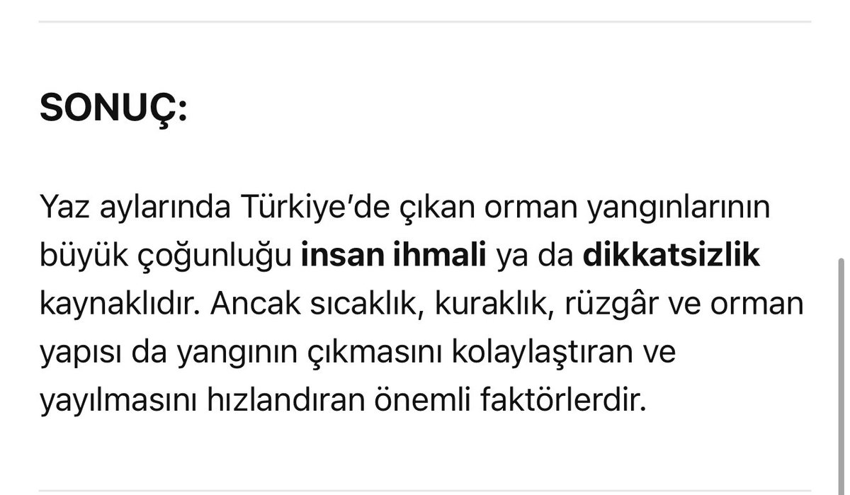 Türkiye’de yazın orman yangınları çıkıyor diye chatGBT ye sordum ve cevapları; 

Orman yangınları %90 insan ihmali, özellikle bilinçsiz mangal söndürmeleri veya söndürmemeleri, sigara izmaritlerinin atılması, ve camların bırakılması, bilinçli olalım ormanlarımızı koruyalım 🍃