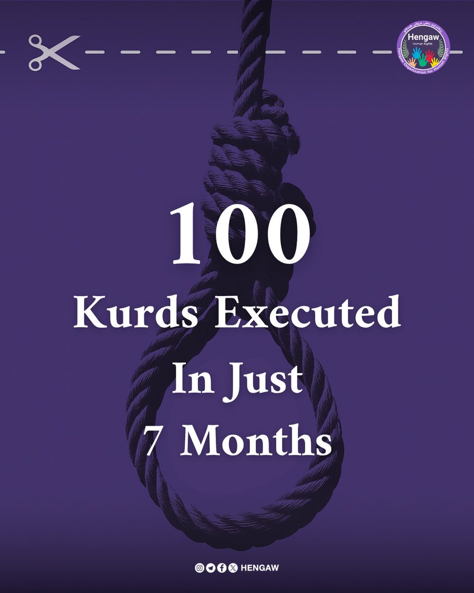 Hengaw Organization for Human Rights (@hengaw_english) on Twitter photo 100 Kurds executed in less than seven months in Iran
Since the beginning of 2025, the Islamic Republic of Iran has executed at least 100 Kurds, including four political prisoners.
Hengaw warns:
Repression in Kurdistan is advancing in a targeted, systematic, and silent manner. 100 Kurds executed in less than seven months in Iran
Since the beginning of 2025, the Islamic Republic of Iran has executed at least 100 Kurds, including four political prisoners.
Hengaw warns:
Repression in Kurdistan is advancing in a targeted, systematic, and silent manner.