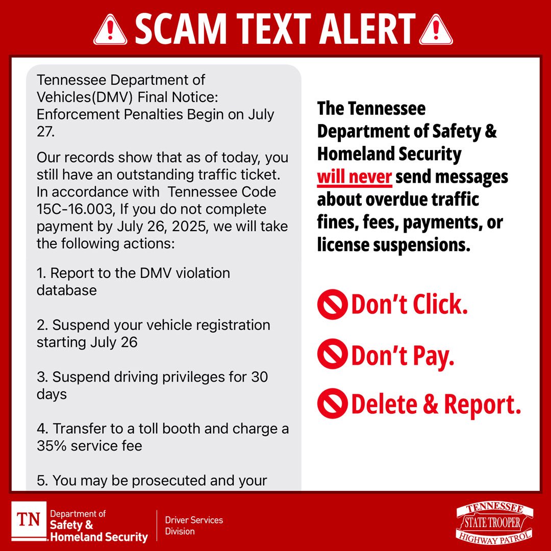 If anyone falls victim to this, they should report their interaction to
ic3.gov. 

For more information about common scams and how to protect yourself, visit the Tennessee Office of the Attorney General’s Division of Consumer Affairs. tn.gov/consumer
