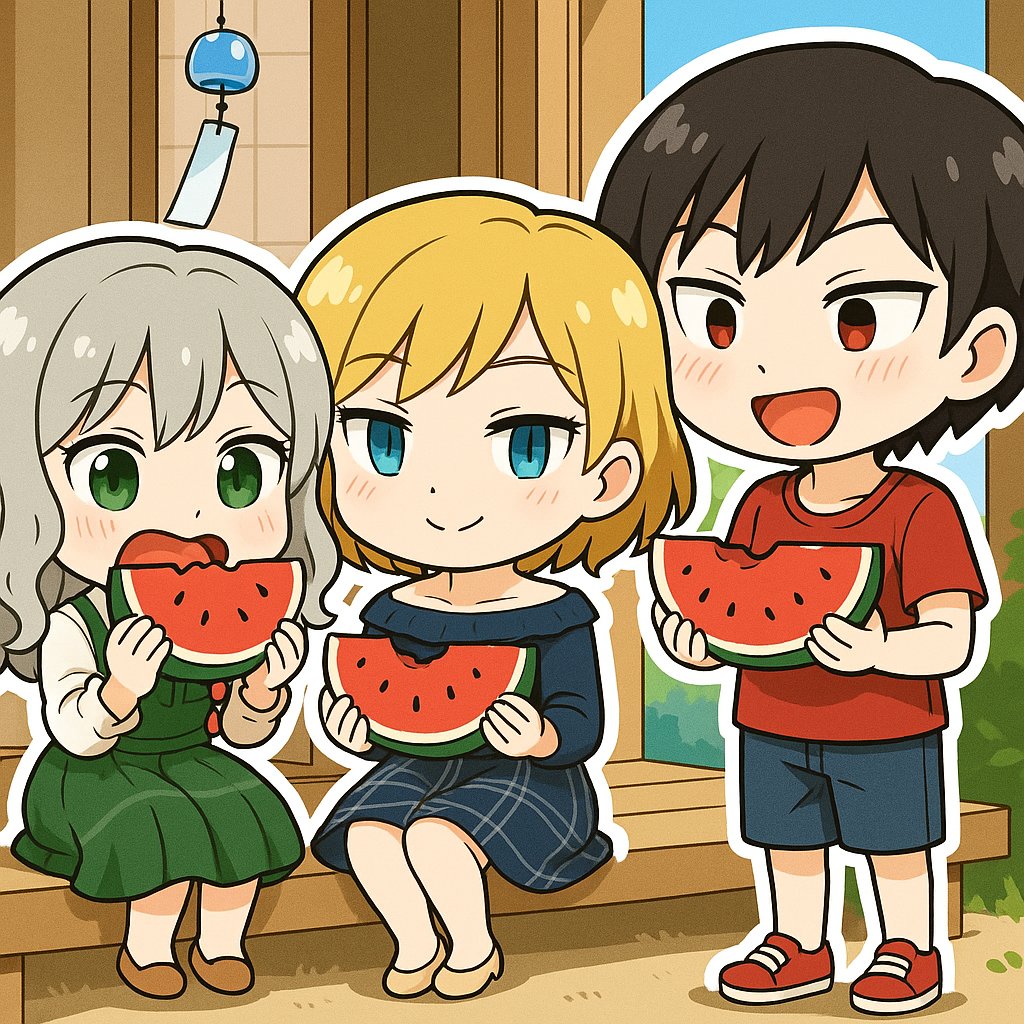 KATTI_ART1976's tweet image. 7月27日は「スイカの日」なんです🍉
スイカの皮の縞模様を“綱”に見立てて、“な(7)つのつ(2)な(7)”=「夏の綱」という語呂合わせから生まれたんですって…✨
スイカ愛好家の方々が、もっとたくさんの人に食べてもらいたいと願って制定した記念日なんだそうです🍧
#三人娘 #スイカの日