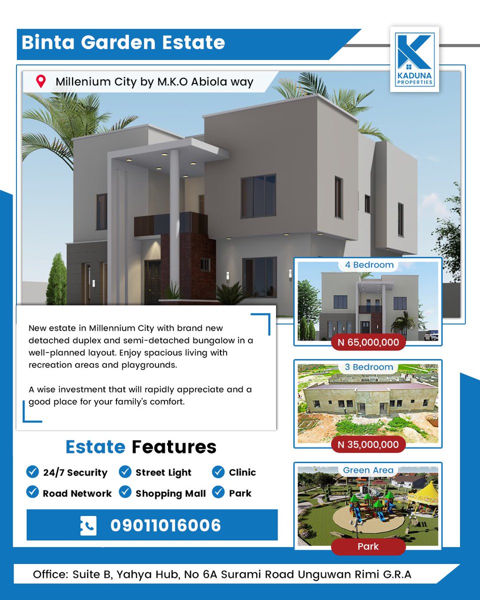 kd_properties_'s tweet photo. Binta Garden Estate – Millennium City, Kaduna
3-Bed Semi: ₦35M | 4-Bed Duplex: ₦65M
📍MKO Abiola Way
Prices are rising fast.
Live in it, rent it, or flip it.
Flexible payment plans available.
DM to schedule a visit.
#KadunaRealEstate #InvestSmart https://t.co/3VBssjXLFQ