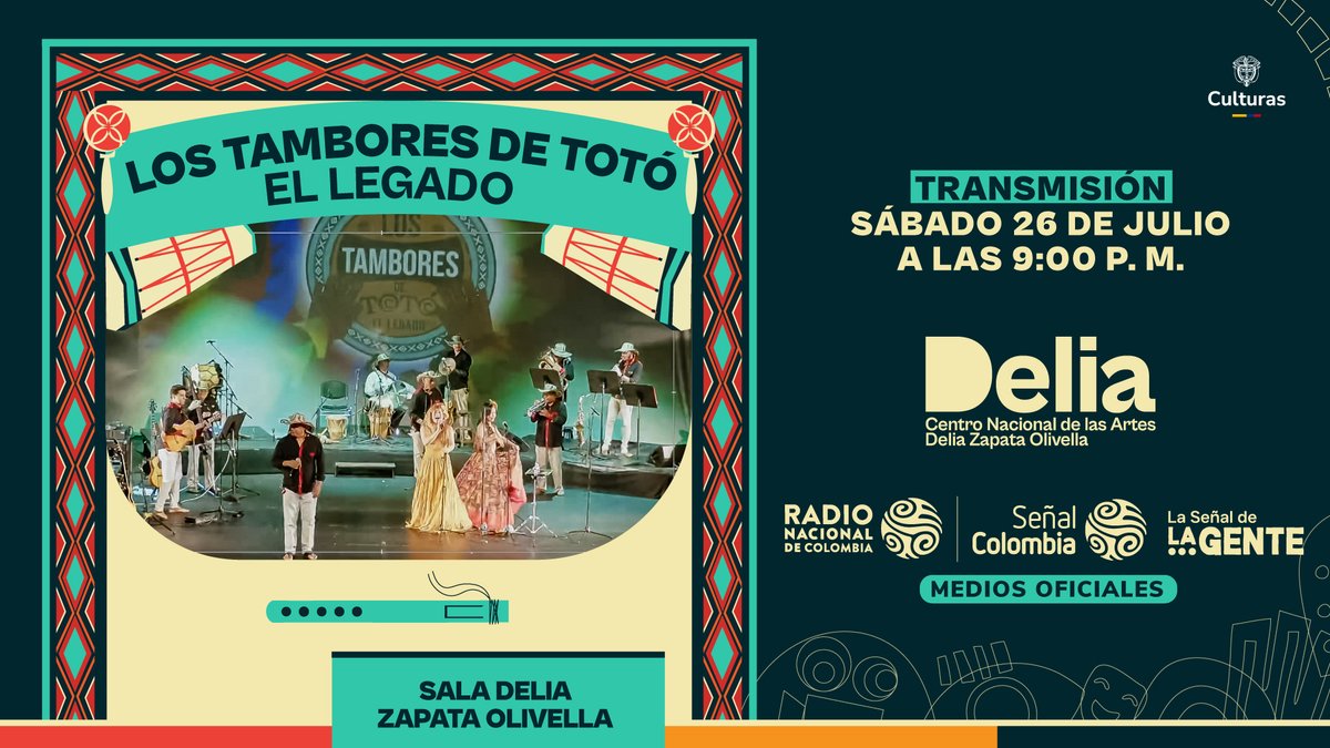 Señal Colombia (@senalcolombia) on Twitter photo 🥁 Esta noche, Señal Colombia y <a href="/RadNalCo/">Radio Nacional CO</a> transmiten "Los tambores de Totó": un homenaje a Totó La Momposina, como parte de la alianza LAS CULTURAS TIENEN SEÑAL entre los Medios Públicos de Colombia y <a href="/mincultura/">MinCultura Colombia</a>.
📍 Sábado 26 de julio
🕘 9:00 p.m.
📡 senalcolombia.tv/senal-en-vivo 🥁 Esta noche, Señal Colombia y <a href="/RadNalCo/">Radio Nacional CO</a> transmiten "Los tambores de Totó": un homenaje a Totó La Momposina, como parte de la alianza LAS CULTURAS TIENEN SEÑAL entre los Medios Públicos de Colombia y <a href="/mincultura/">MinCultura Colombia</a>.
📍 Sábado 26 de julio
🕘 9:00 p.m.
📡 senalcolombia.tv/senal-en-vivo