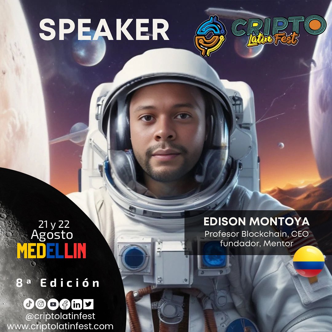Criptolatinfest's tweet image. 🌌🚀✨ ¡El Cripto Latin Fest 2025 sigue sumando mentes brillantes que nos impulsarán directo a la luna! 🌙🪐👨🚀
Nos emociona anunciar qu Edison Montoya se une como speaker en nuestra octava edición en Medellín 🔥
💡 Profesor de Blockchain, CEO, fundador y mentor, Edison es un…