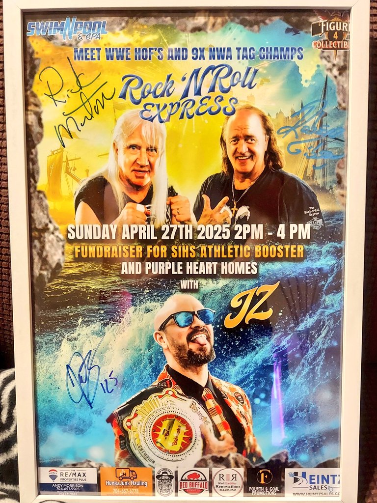 JDHoop702's tweet image. HUGE shout-out to @Figure4Collect1, @NeilJoh52600317 & @JZ_Graham for surprising me with this amazing poster autographed by @RealRickyMorton & Robert Gibson & The @Bojangles Champ! Always a pleasure getting to create these posters for you fellas. Thank you! #rocknrollexpress