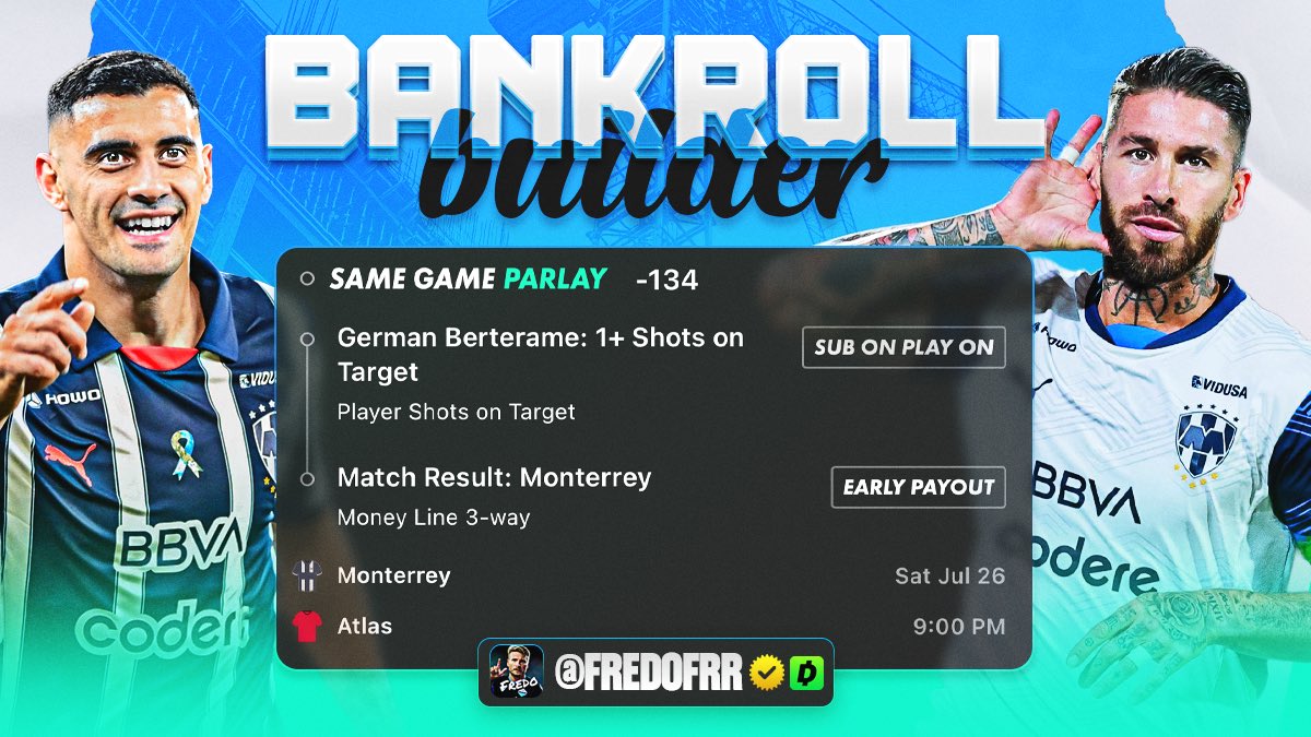 Fredofrr's tweet image. Bankroll Builder to 20u
Liga MX π²π½ Monterrey vs Atlas
βοΈ Monterrey ML
βοΈ Berterame SOT
The goal is to reach 20 units off 2u plays. Itβs NOT a ladder challenge. These are regular plays until we reach our goalππΌ
Current BR - 0 units