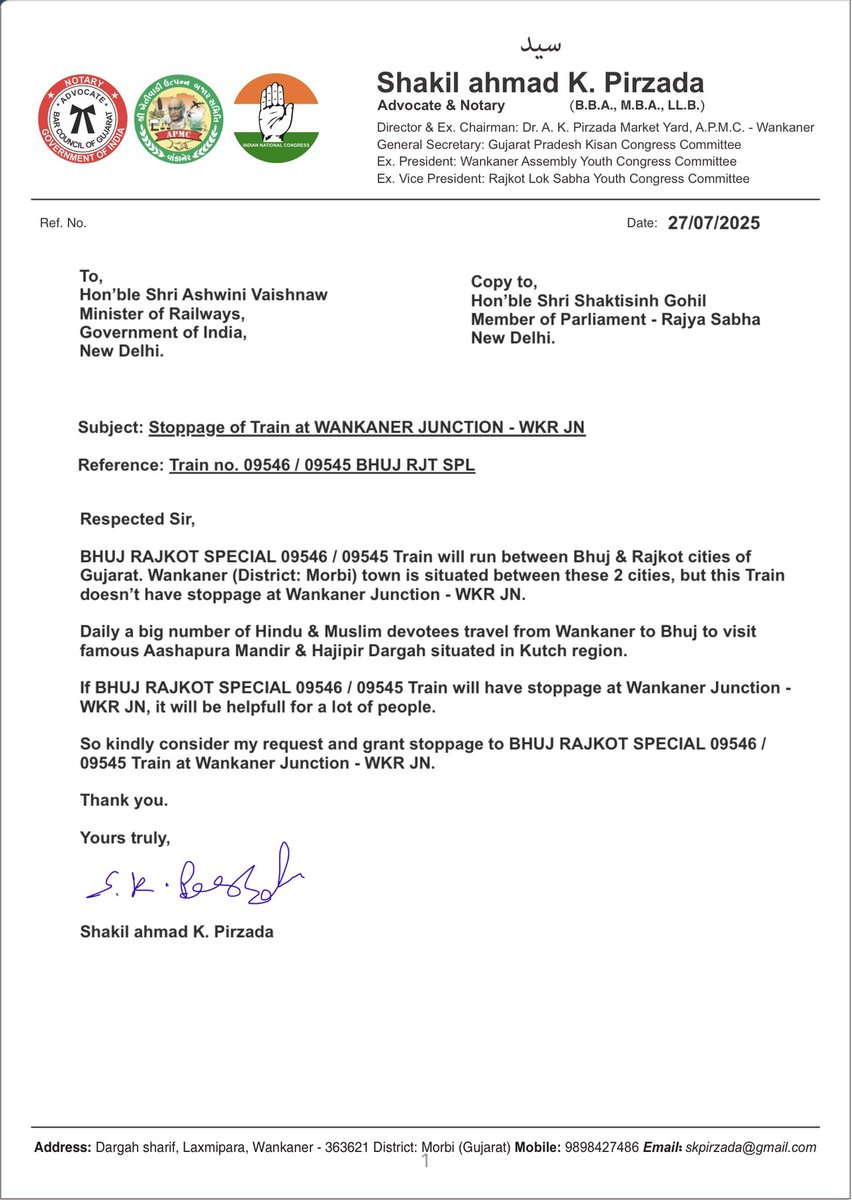 To: Hon’ble <a href="/AshwiniVaishnaw/">Ashwini Vaishnaw</a> <a href="/RailMinIndia/">Ministry of Railways</a>
Copy to: Hon’ble <a href="/shaktisinhgohil/">Shaktisinh Gohil MP</a>

Subject: Stoppage of Train at WANKANER JUNCTION - WKR JN
Reference: Train no. 09546 / 09545 BHUJ RJT SPL