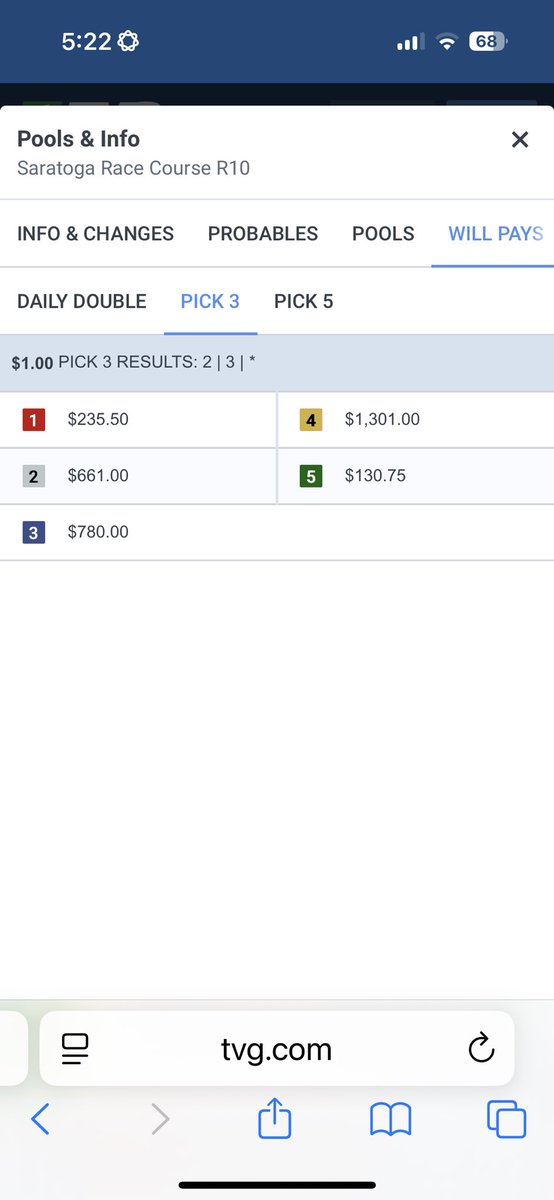ExtraHalfPoint's tweet image. In the Jim Dandy, Race 10
at Saratoga, Baeza (#1) is getting a LOT more support than anticipated vs. Sovereignty (#5) in the multi-race wagers dominated by the computer-assisted wagering groups.
It is even narrower in the double, $32.50 to $22.70.