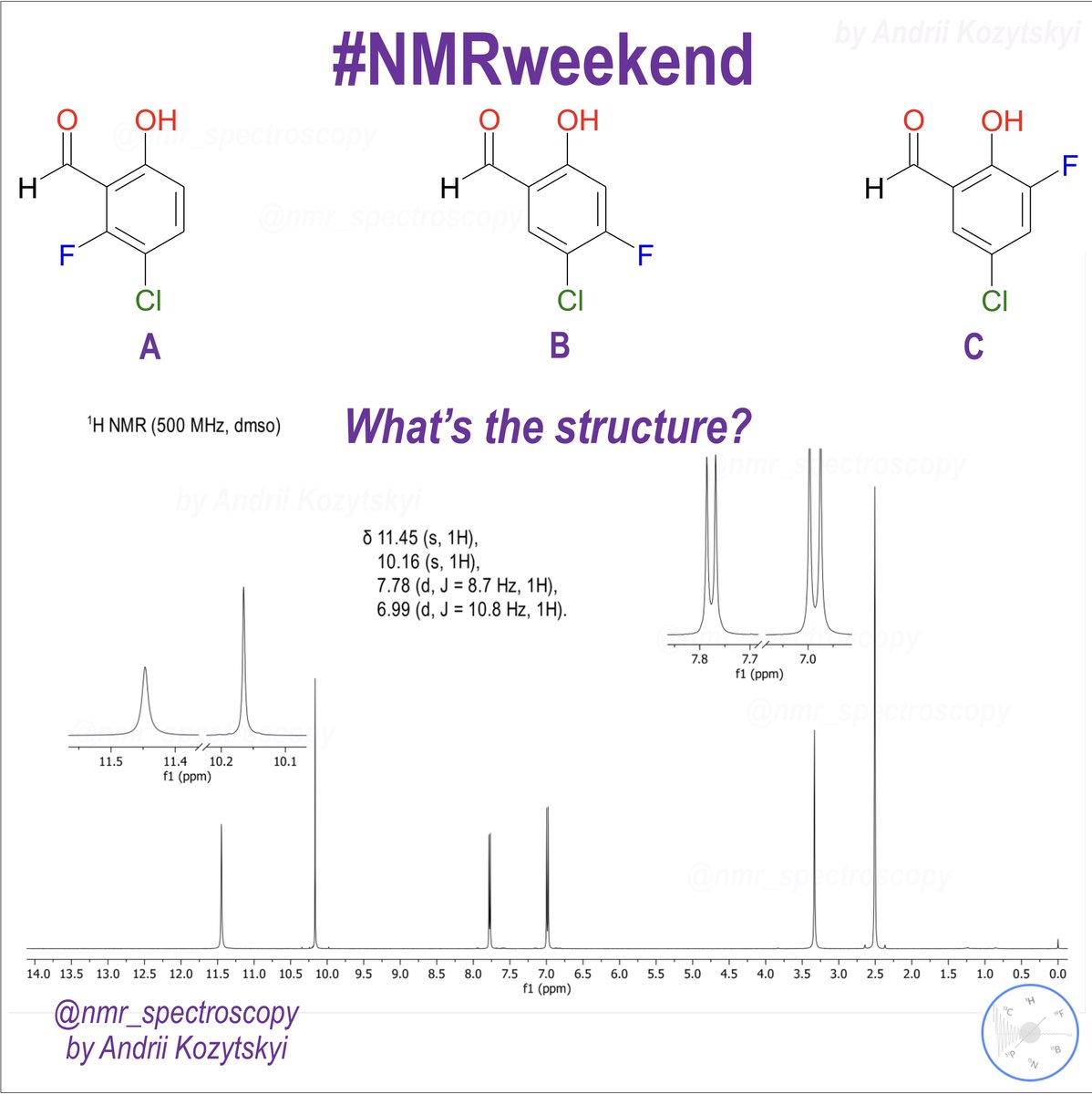 NMRspectroscopy's tweet photo. It’s #NMRweekend ⁉️🧲 Write your answers in the comments 👌 or use the poll below 😊. The explanation for the challenge will be published in a few days 😉.

#nmr #nmrchat #chemistry #organicchemistry #spectroscopy #quiz #nmrchallenge #nmrquiz
The correct answer is 👇 https://t.co/g5o4qhTmWY