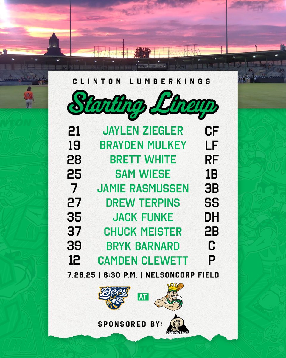 LumberKings's tweet image. Here is tonight's starting lineup!
Presented by Deanna's Java!
#CrownedInClinton