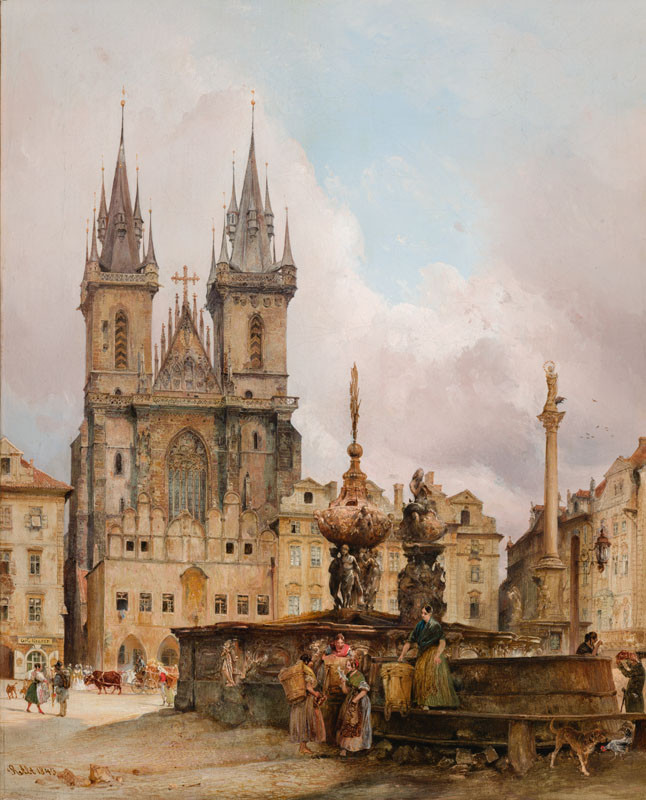Trad_Arch_Bdays's tweet image. The descending vertical elements of steeple, fountain/column, and figure in the painting of Prague by Rudolf von Alt remind me of a picture I took in Rothenberg ODT many years ago.