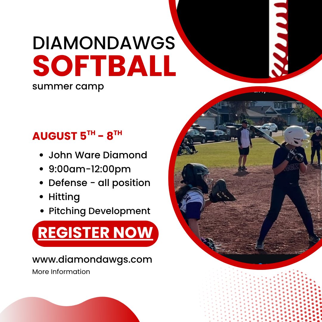 Diamondawgs Summer Softball Camp is coming! Aug 5th-8th. Ages 7-13.
More info and registration here: loom.ly/Txs_apo