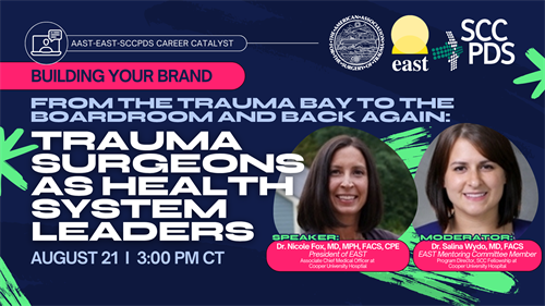 EAST_TRAUMA's tweet image. 🚨 Next Career Catalyst Webinar!
🗓️ Aug 21 | ⏰ 3–4 PM CT
🎙️ From the Trauma Bay to the Boardroom…
Speakers: Dr. Nicole Fox & Dr. Salina Wydo
Brought to you by the EAST Mentoring Program, SCCPDS & the AAST Associate Member Council
🔗 Register: bit.ly/4lTqGQL…