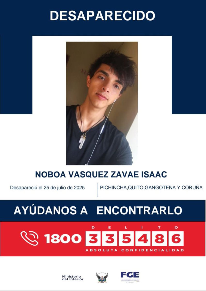 #DesaparecidosEcuador | #Pichincha: si tienes información sobre la ubicación de Zavae Isaac Noboa Vásquez, comunícate de inmediato con las autoridades. Fue visto por última vez el 25 de julio de 2025 en el sector de La Floresta, en el centro norte de #Quito.
