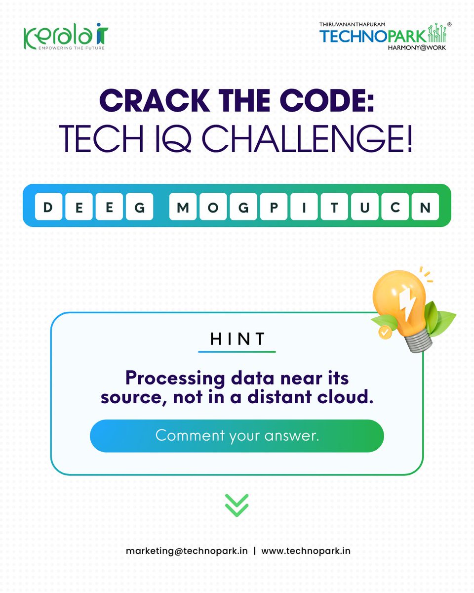 mytechnopark's tweet image. Ready to crack this one?
Crack the Code is a word puzzle that will test your tech IQ.
Here’s a jumbled word related to the world of technology. Unscramble it and drop your answers in the comments! We’ve also given you a helpful clue.
Now, go!
#CrackTheCode #TechFun #WordGame