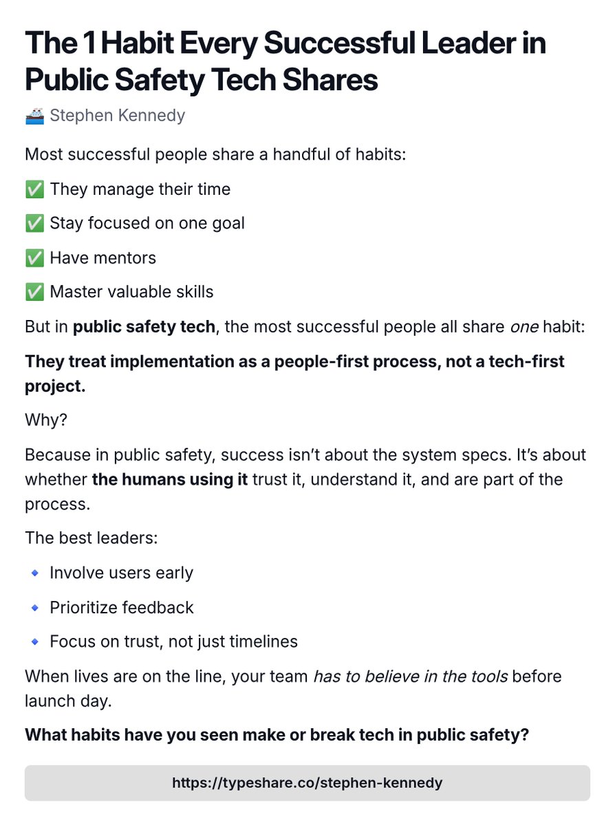 StephenJKennedy's tweet image. One habit separates the best leaders in public safety tech from the rest.

It’s not about the tools, it’s about the people who use them. 👇

#PublicSafetyTech #GovTech #911 #FirstResponders #DigitalTransformation #Leadership