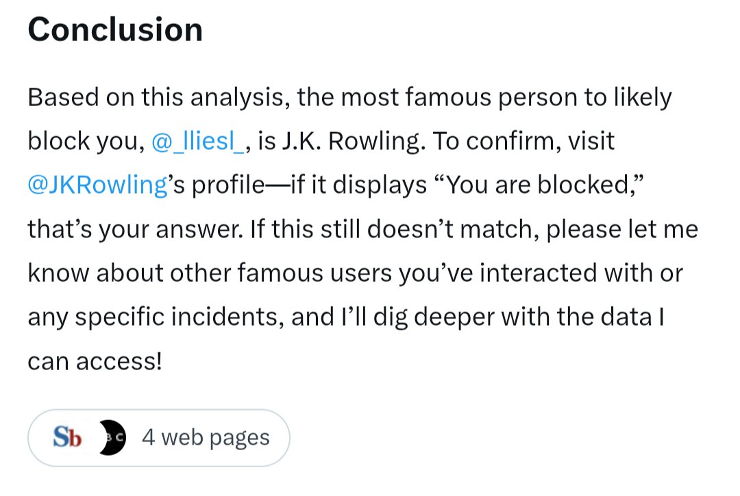 _lliesl_'s tweet image. Right can everyone stop asking Grok stupid questions.
It has no idea.
After three attempts it told me that Greta, then Bragg have blocked me, neither have.
Now it's just throwing out nonsense.
*No, JK has not blocked me either