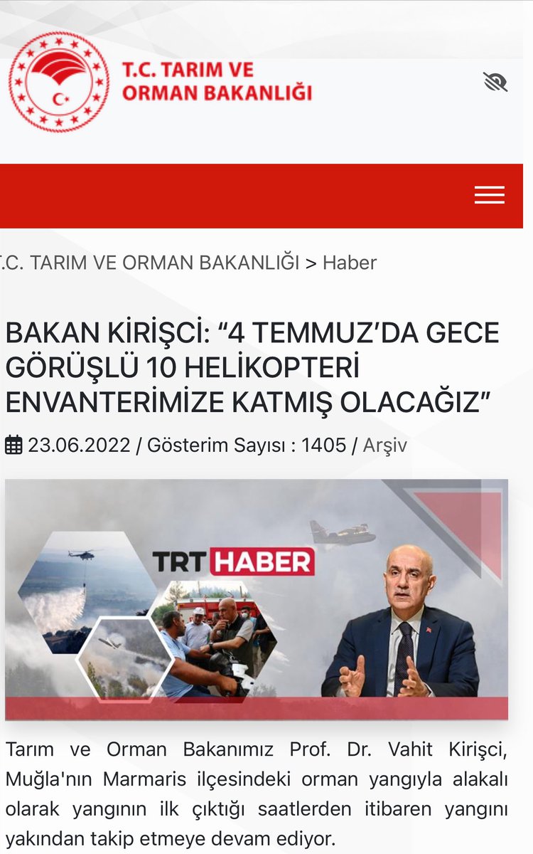 23 Haziran 2022

Dönemin Tarım ve Orman Bakanı Vahit Kirişçi: “4 Temmuz’da gece görüşlü 10 helikopteri envanterimize katmış olacağız.”

Bu helikopterler nerede?