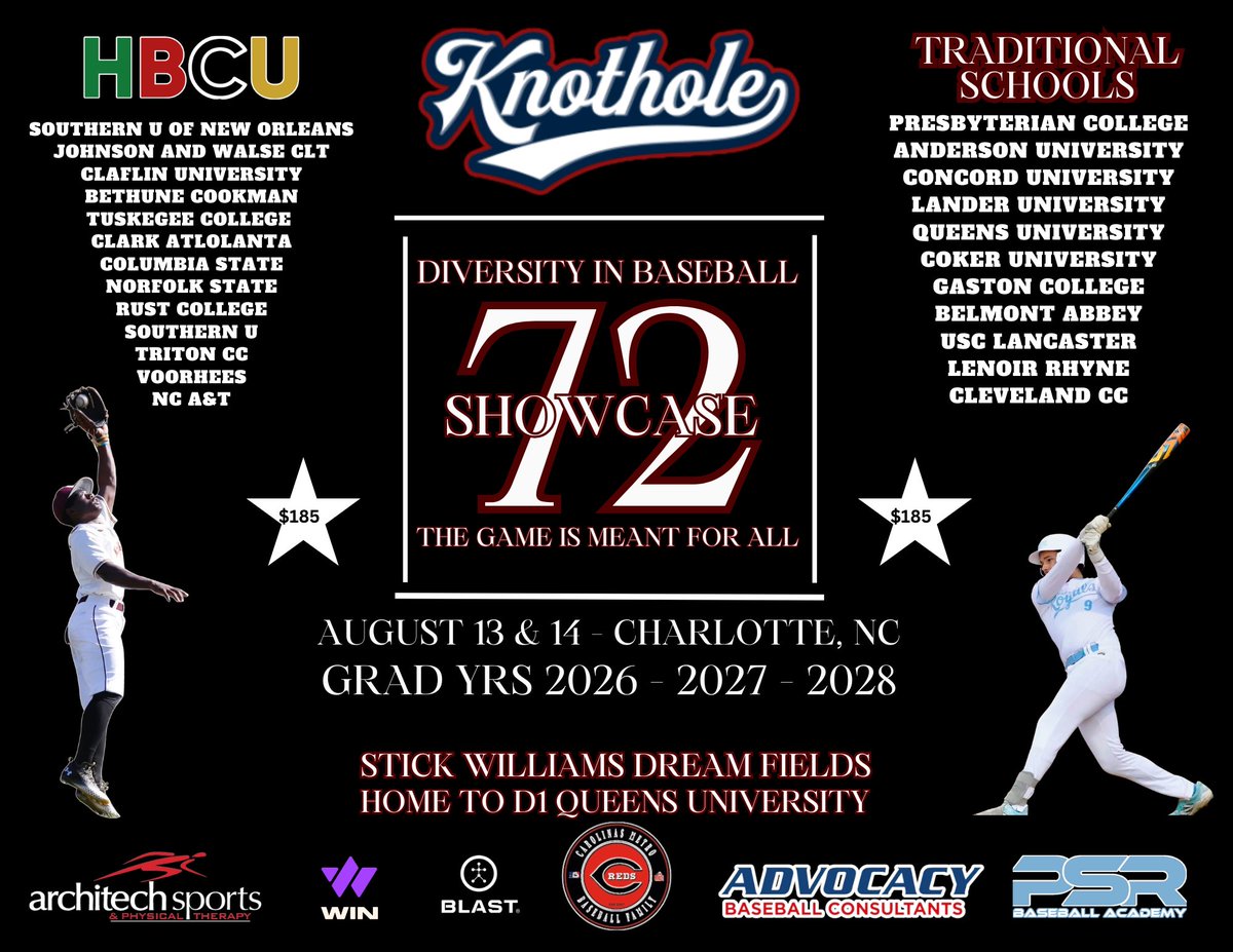 KnotholeNC's tweet image. Diversity in Baseball Showcase 72
HBCU &amp;amp; Traditional Colleges
Real opportunity for HS players of all backgrounds.  

August 13/14
The Stick
Charlotte, NC

Info/Register:
knotholecarolinas.org/6th-annual-hbc…