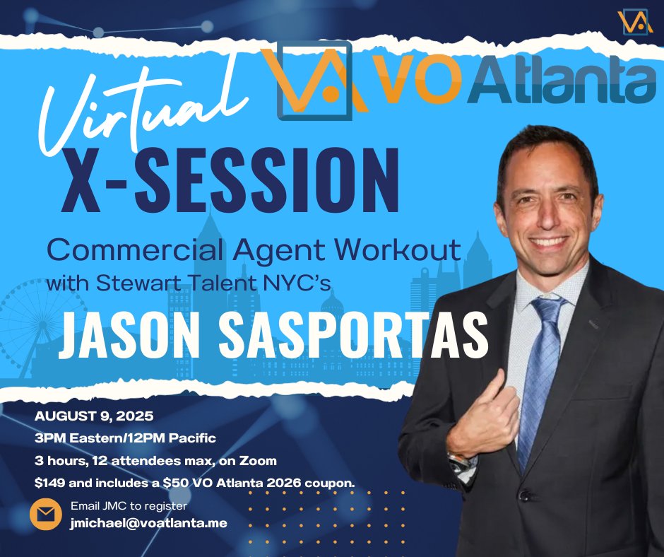 TWO WEEKS FROM TODAY!

Your chance to work with and read for one of New York's elite Commercial Agents, Jason Sasportas of Stewart!

3 hours, 12 attendees max, and we're halfway to SOLD OUT.

DM or E-Mail today, just $149 with a $50 VO Atlanta 2026 coupon included!
